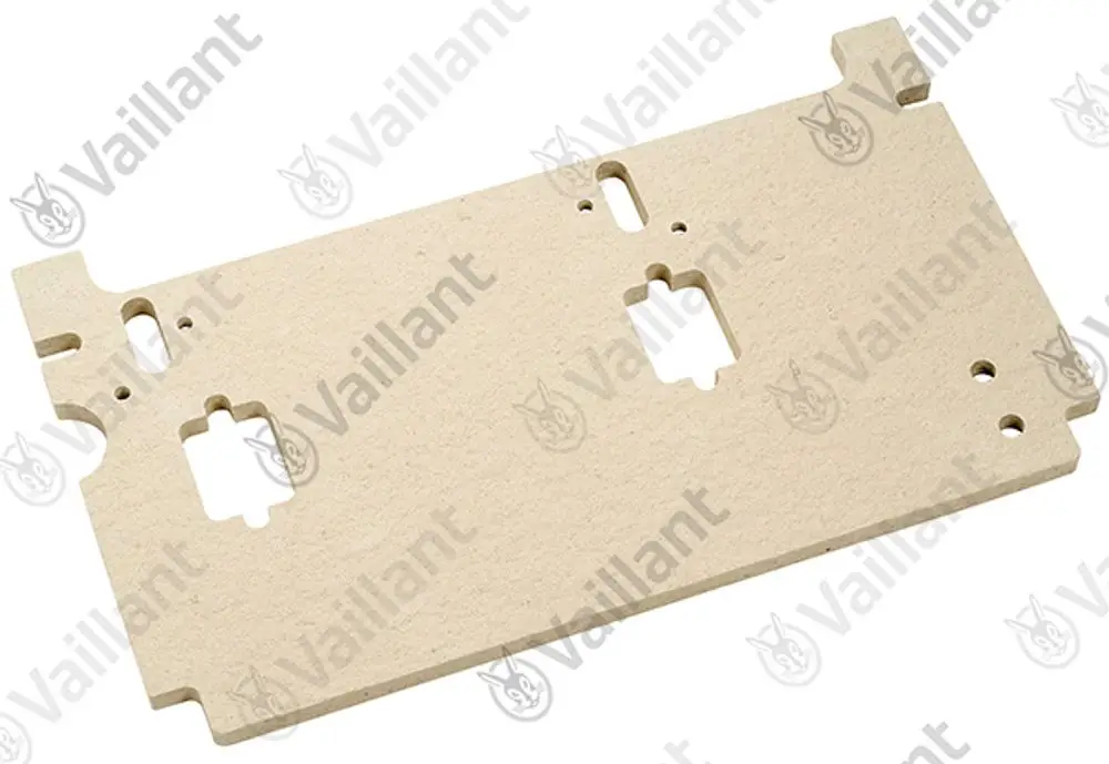 Isolierplatte in beige mit Aussparungen, hergestellt von Vaillant. Die Platte hat verschiedene Öffnungen für Installationsmöglichkeiten.